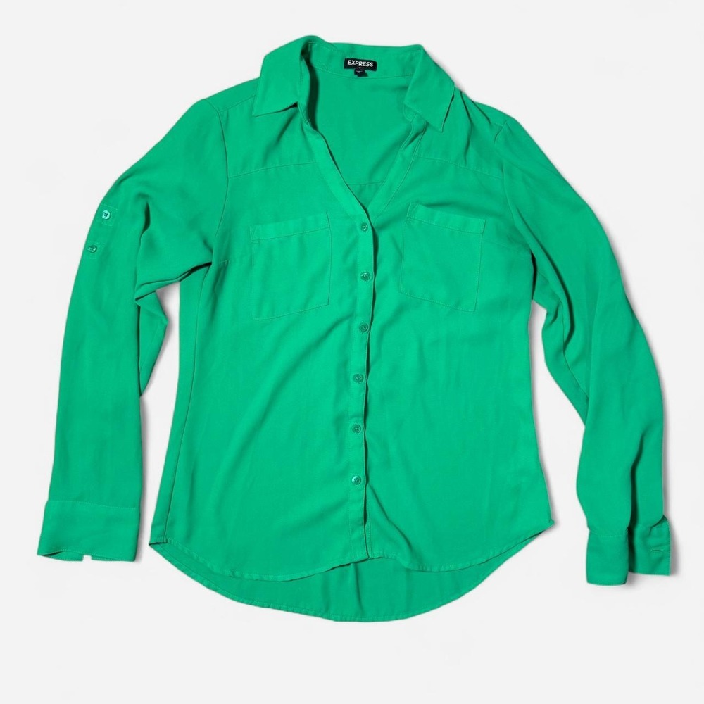 Express Womens Green Roll Tab Long Sleeve Button Up Shirt Top Size XS
